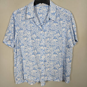 Jane + Delancey Womens Zebra Print ButtoN Up Top Size L Blue Boxy Safari Animal